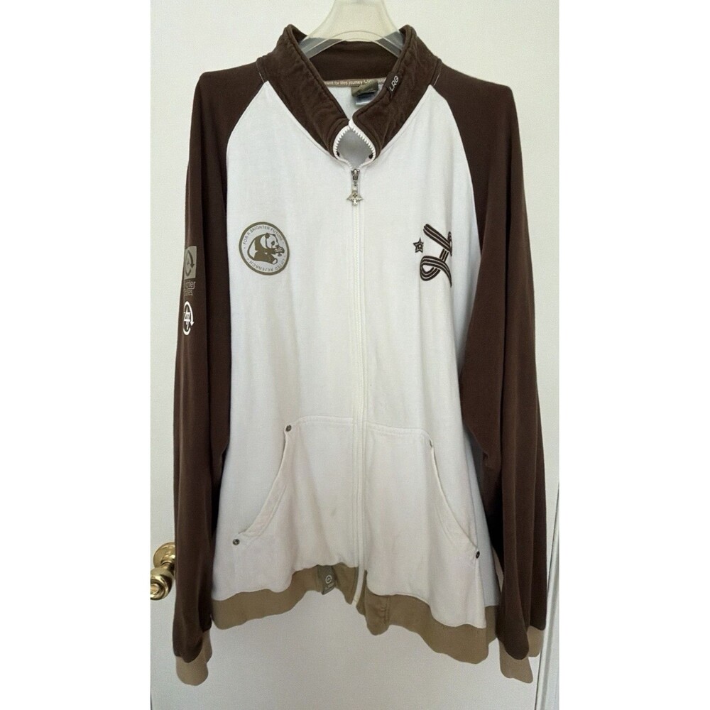 LRG Mens Full Zip Fleece Sweatshirt White/Brown 2XL High Neck Pockets Panda